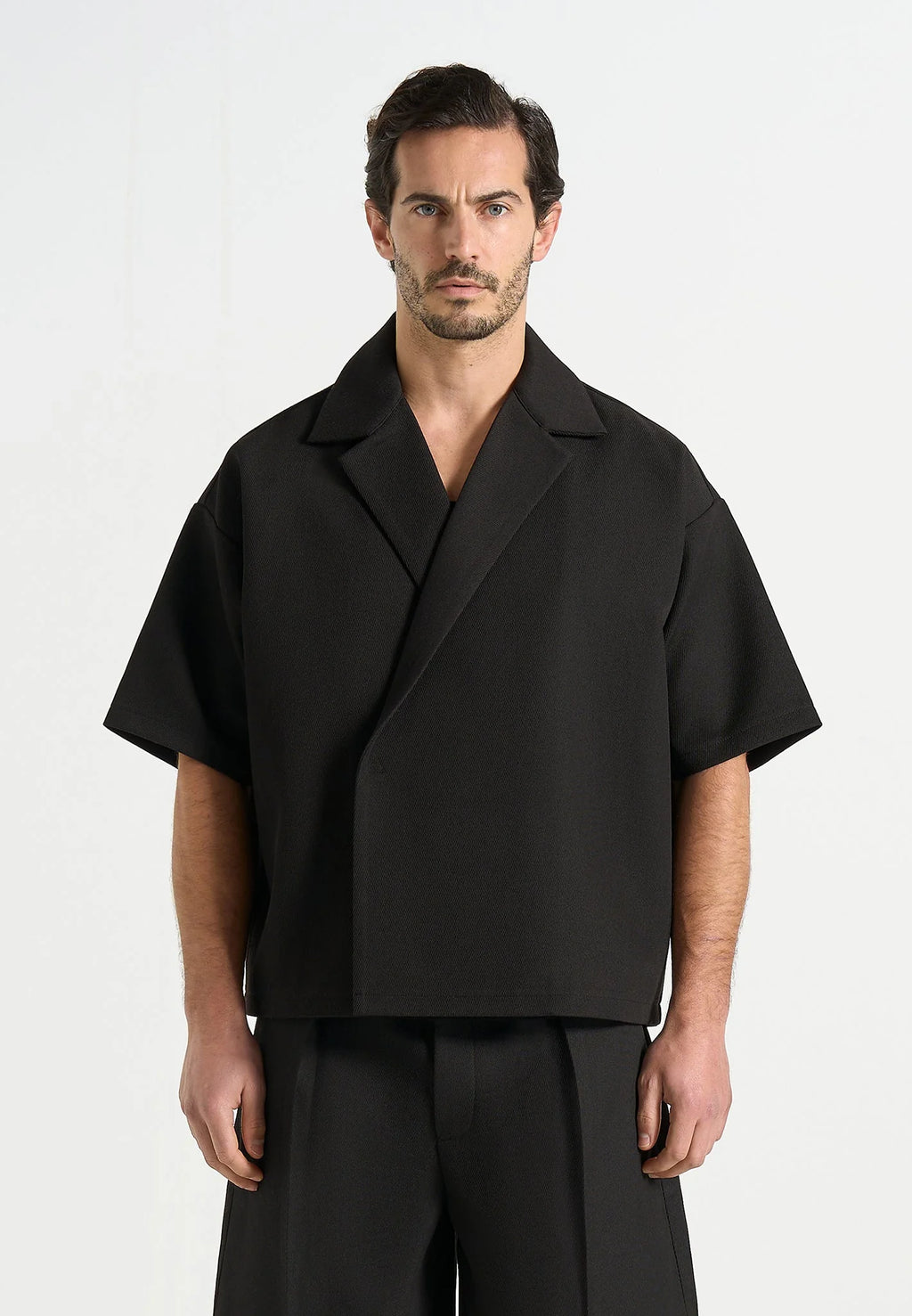 Men's Black Boxy Twill Double-Breasted Shirt – Modern Tailored Fit