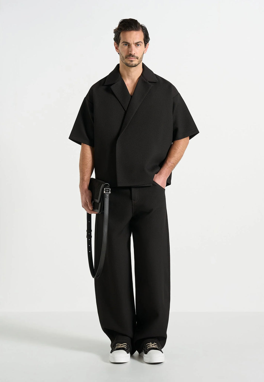 Men's Black Boxy Twill Double-Breasted Shirt – Modern Tailored Fit