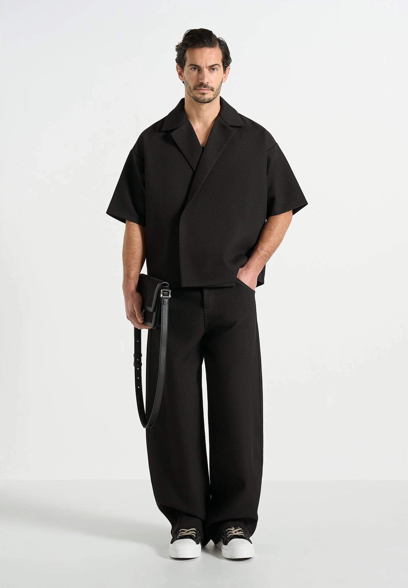 Men's Black Boxy Twill Double-Breasted Shirt – Modern Tailored Fit