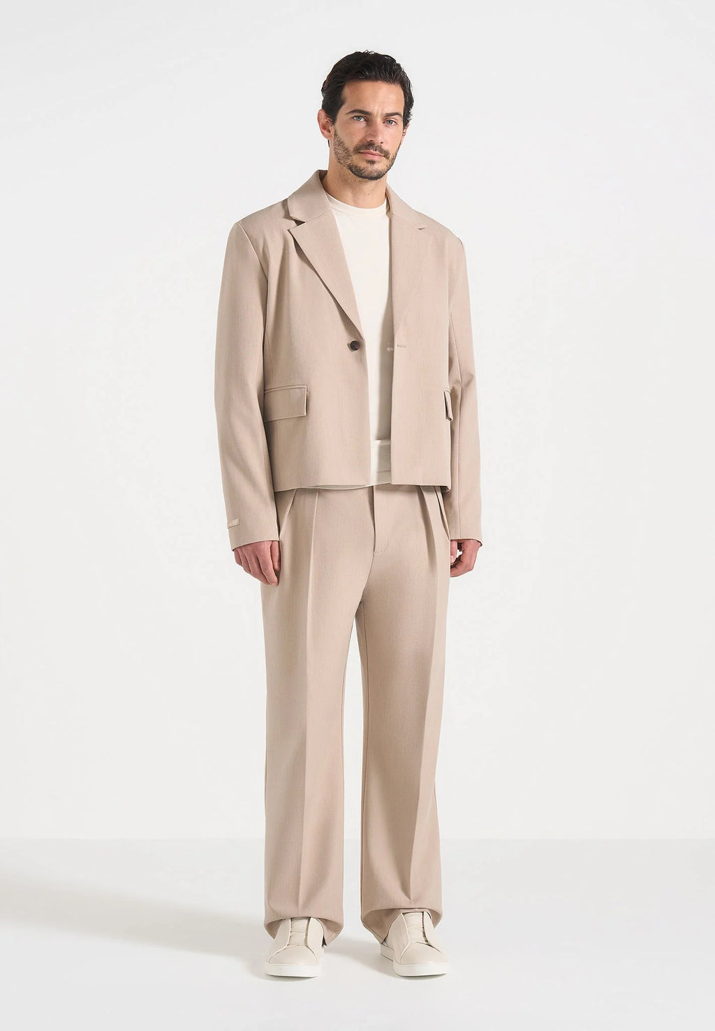 Men's Beige Cropped Tailored Blazer – Modern Single-Breasted Suit Jacket