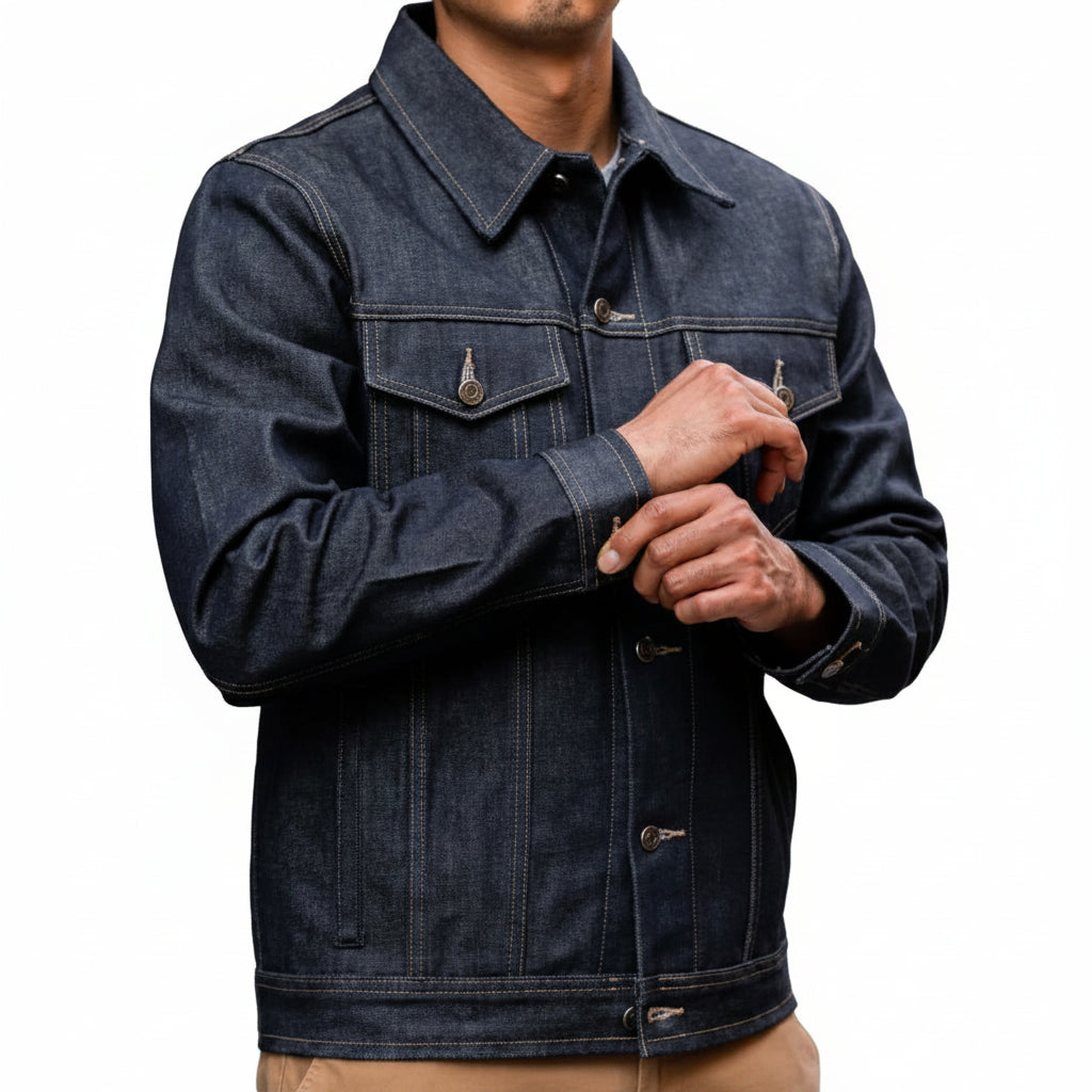 Person wearing a dark denim jacket standing against a brick wall.