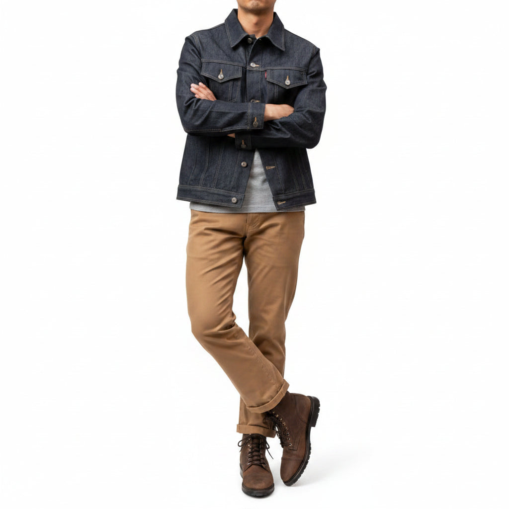 Person wearing a dark denim jacket standing against a brick wall.