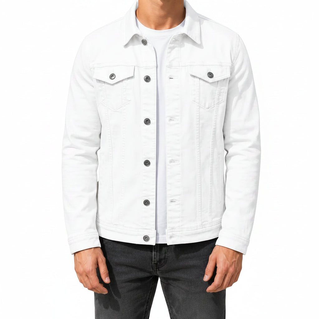 A man wearing an olive green canvas utility jacket over a white t-shirt and dark gray jeans, standing outdoors against a concrete wall.