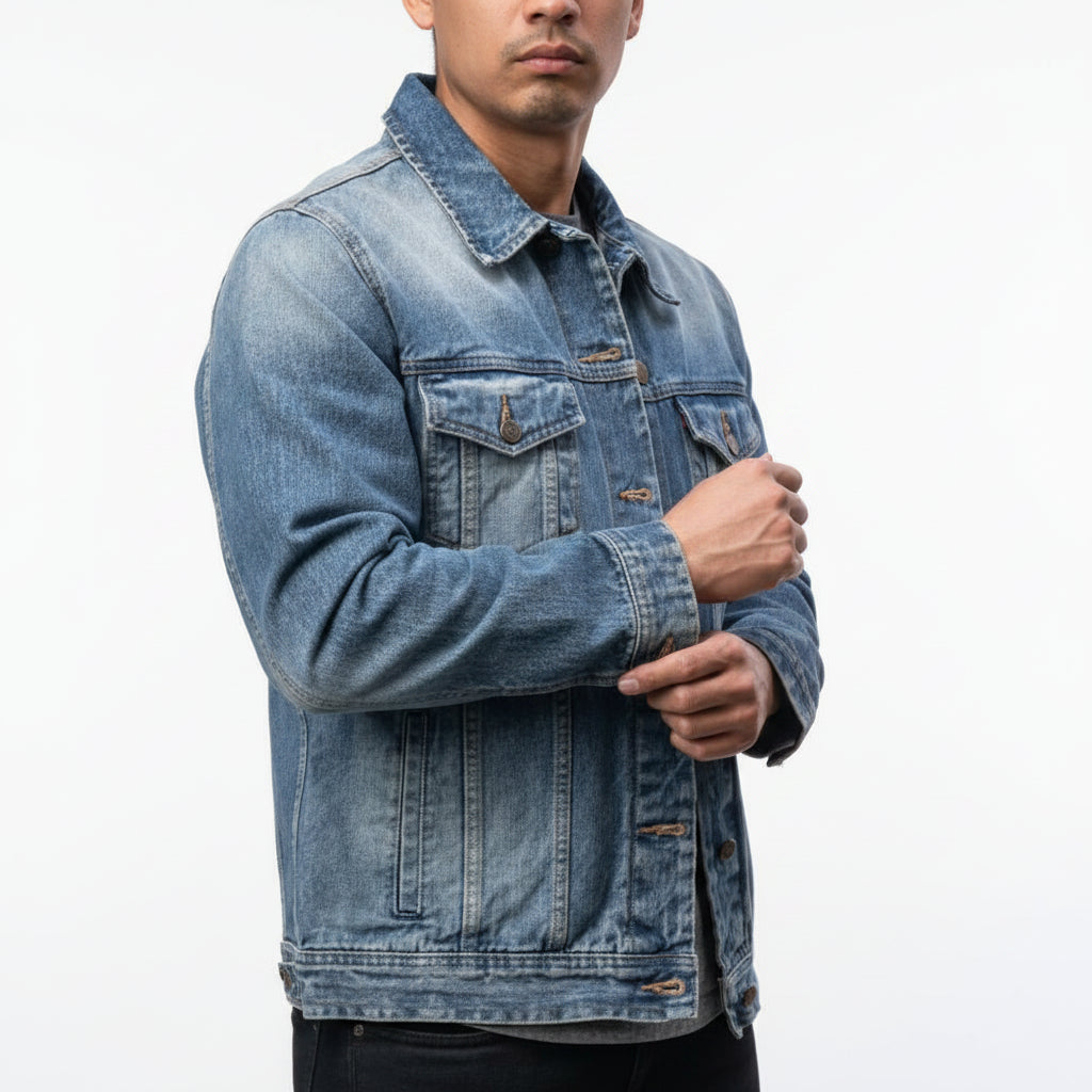 Person wearing a blue denim jacket with a blurred background