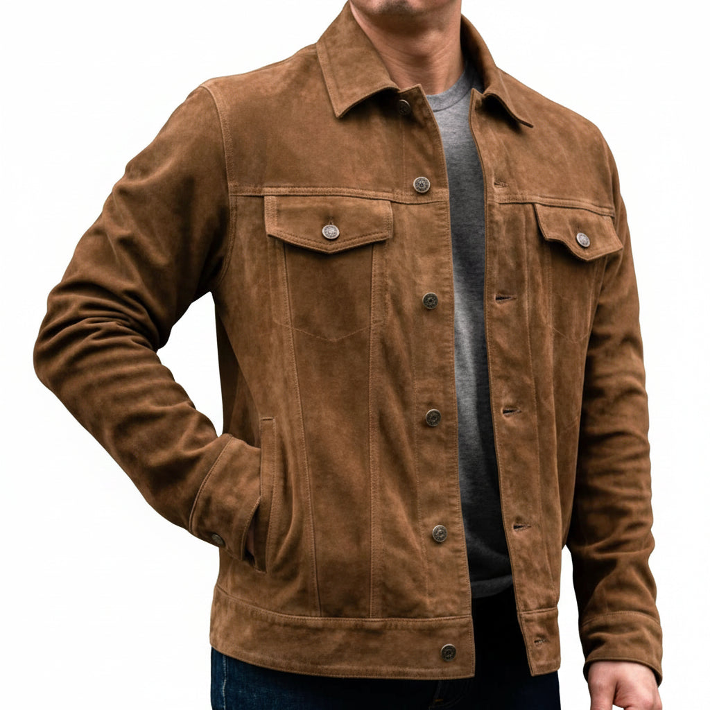 A man wearing a brown suede button-up jacket over a gray t-shirt and blue jeans, standing in front of a rustic wooden log wall.