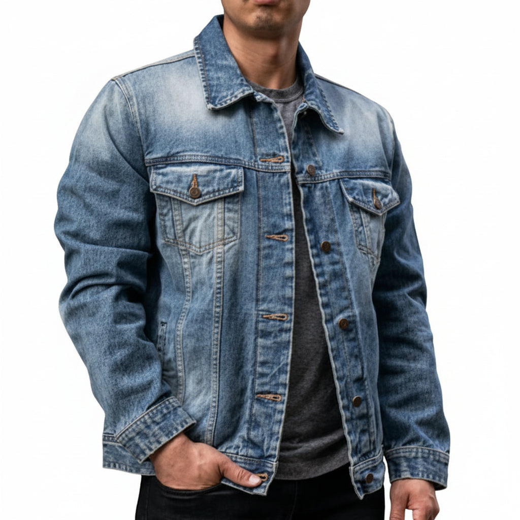 Person wearing a blue denim jacket with a blurred background